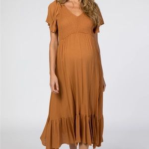 PINKBLUSH Camel Smocked V-Neck Maternity Midi Dress